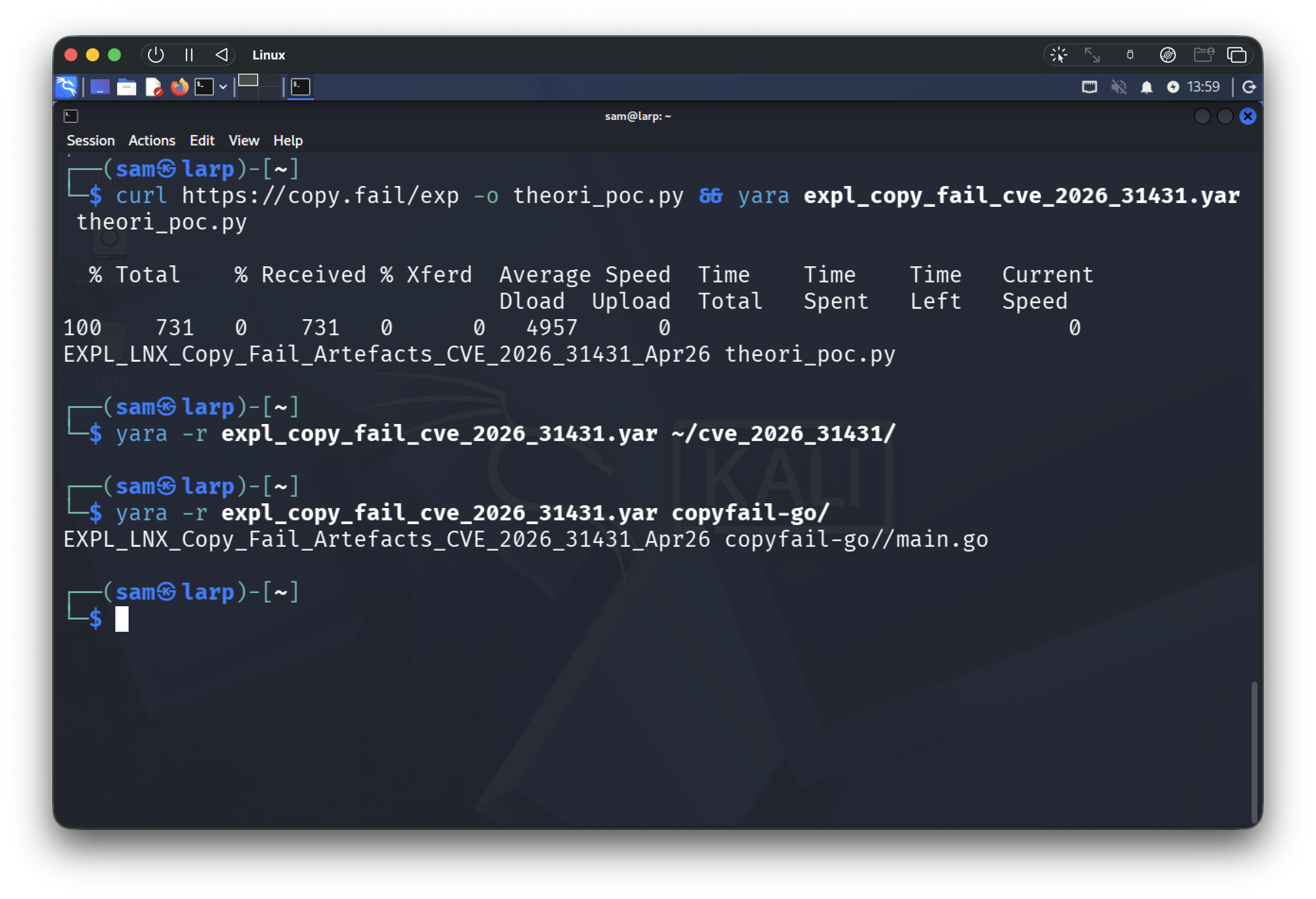 YARA scan: matches on Theori's original PoC, silent on rootsecdev's reimplementation, matches on Bad Sector Labs' Go port