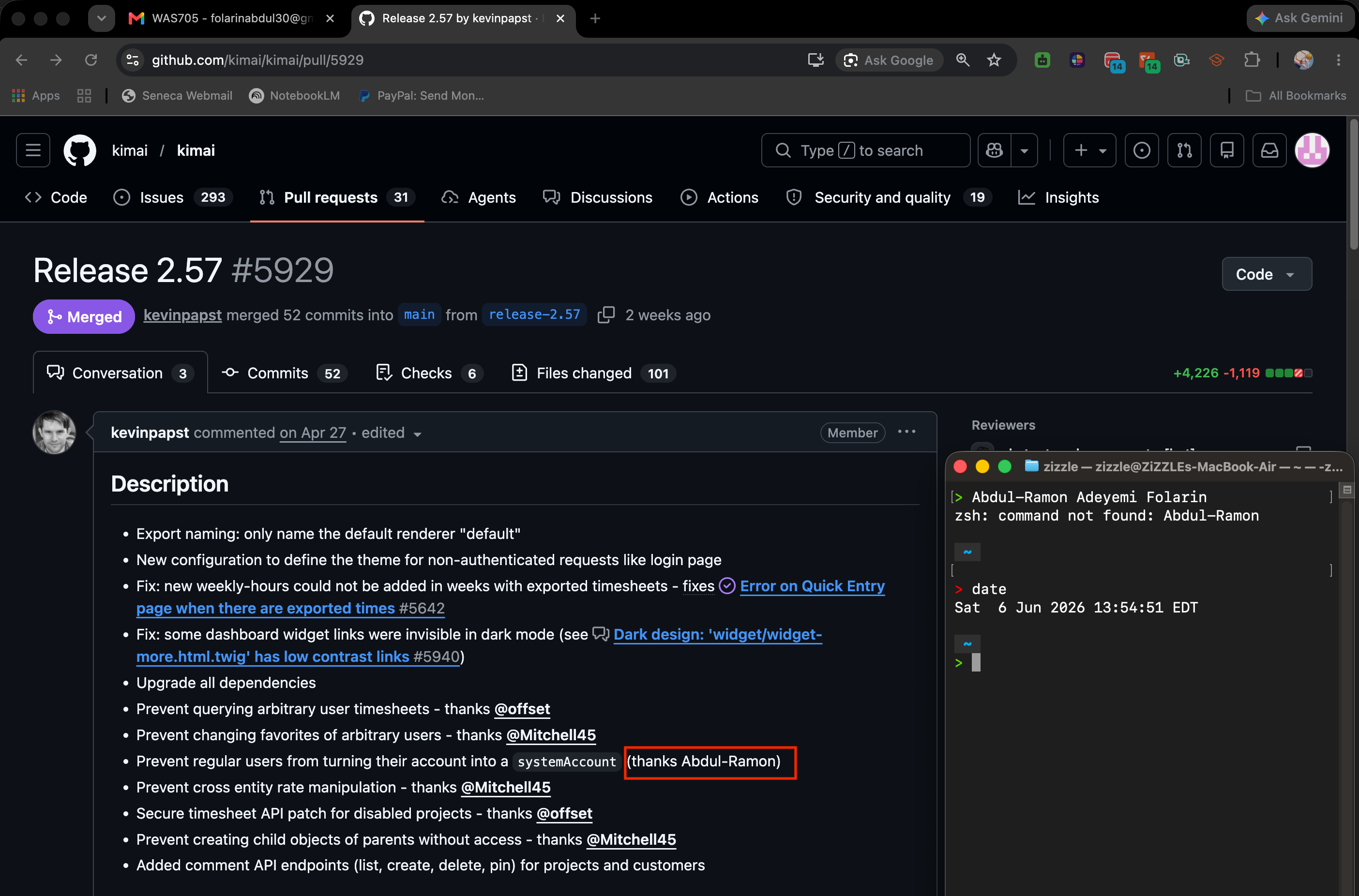 Kimai 2.57.0 release notes on GitHub listing Abdul-Ramon among the contributors involved in the release